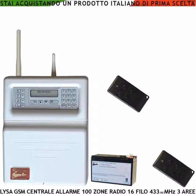 Centrale Allarme Securvera Lysa GSM Radio 100 Zone con 16 Filo, 3 Aree e 2 Radiocomandi Bidirezionali, App Sydra per Android, Colore Bianco