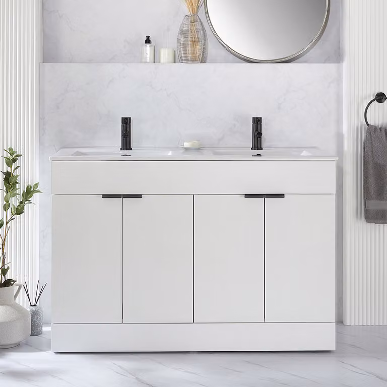 Mobile Bagno a Terra Bianco da 1210mm con Doppio Lavabo e Maniglie Nere con Impugnatura a Dito - Cluo