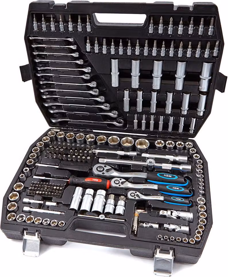 Valigetta utensili professionale 216 pezzi, serie di chiavi a bussola, torx,cricchetti, prolunghe, kit attrezzi per auto, officina fai-da-te, Hbm