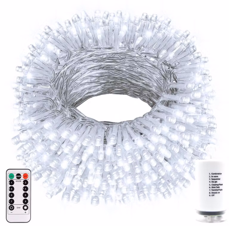 Catena luminosa a LED, 20 metri, 200 LED bianco caldo, grado di protezione IP65, timer, telecomando