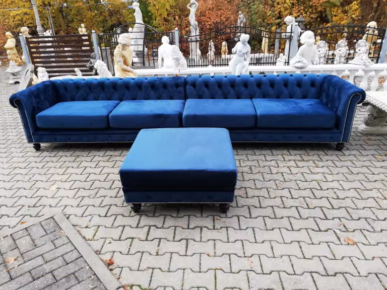 Desiger Chesterfield Sofagarnitur Textil Blau 4 XXL+ Hocker Couch Polster Sofa