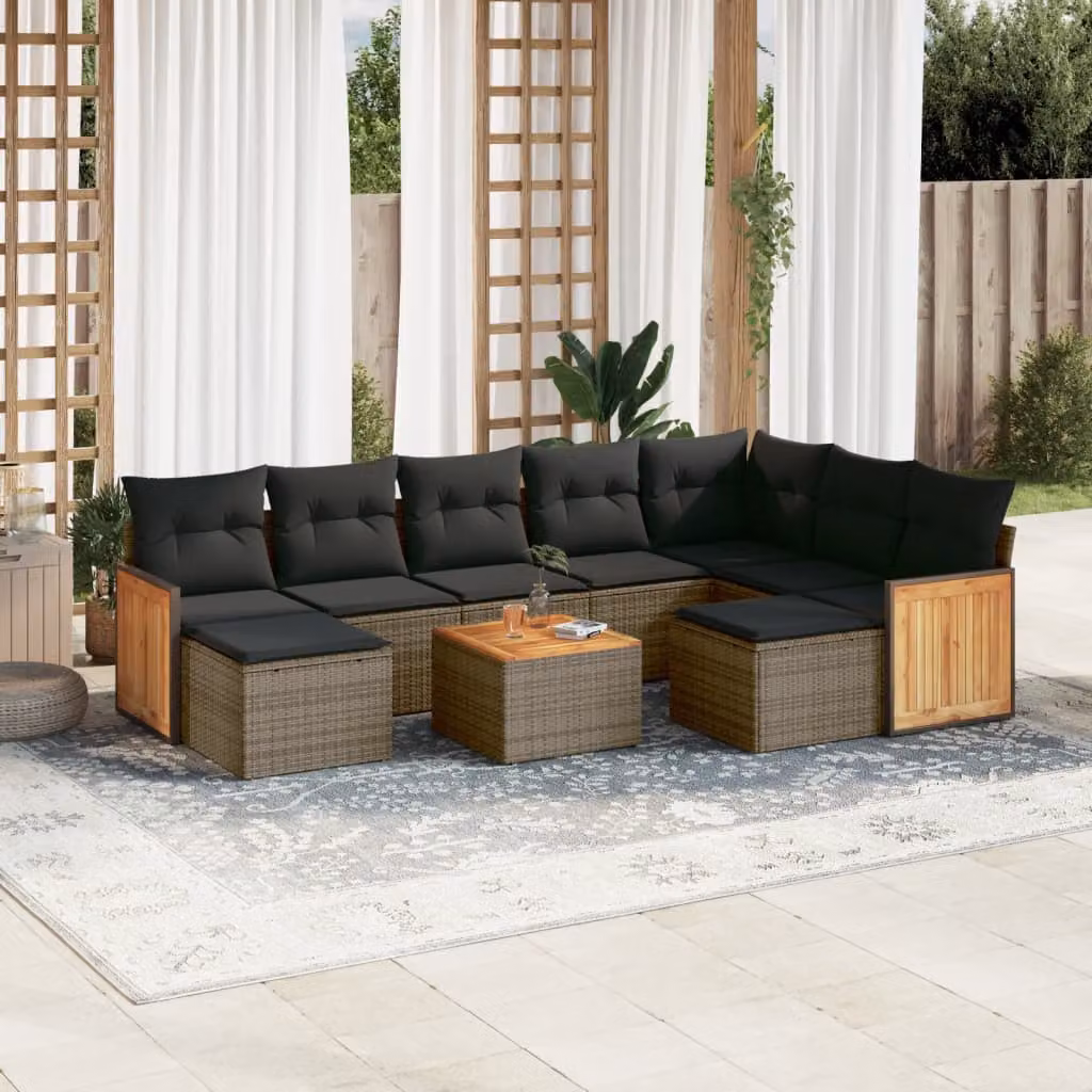 vidaXL Set Divano da Giardino 10 pz in Polyrattan Grigio con Cuscini e Tavolino da Caffè – 1