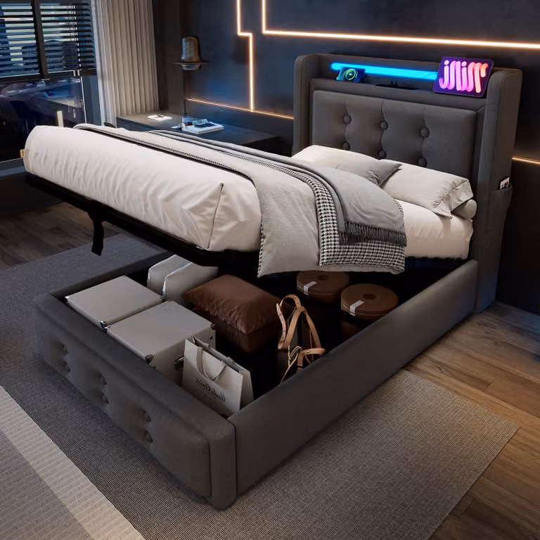 Letto imbottito STILVORA 90x200 cm, letto per ragazzi con sistema idraulico e vano contenitore, letto singolo con testiera a LED e funzione di ricarica USB-C, rete a doghe, grigio (senza materasso)