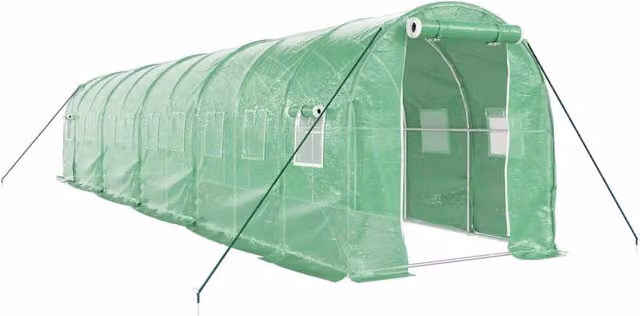 Serra a tenda HELLOSHOP26 verde con struttura in acciaio per piante, fiori e ortaggi, L: 10 m, P: 2 m, H: 2 m