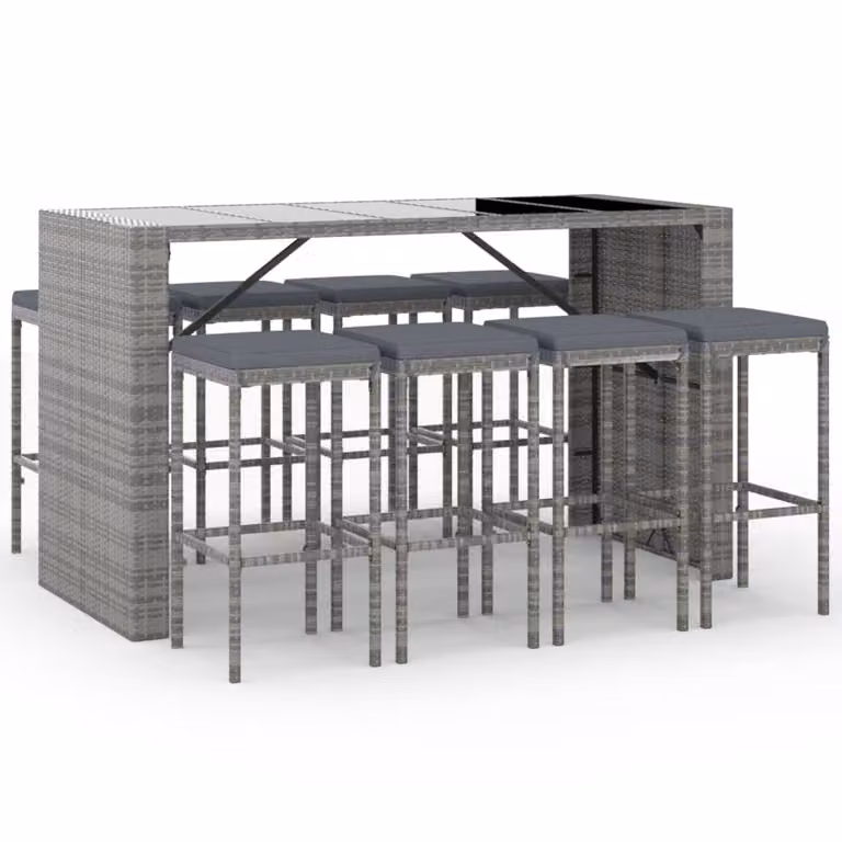 Set Bar da Giardino 9 pz con Cuscini in Polyrattan Grigio