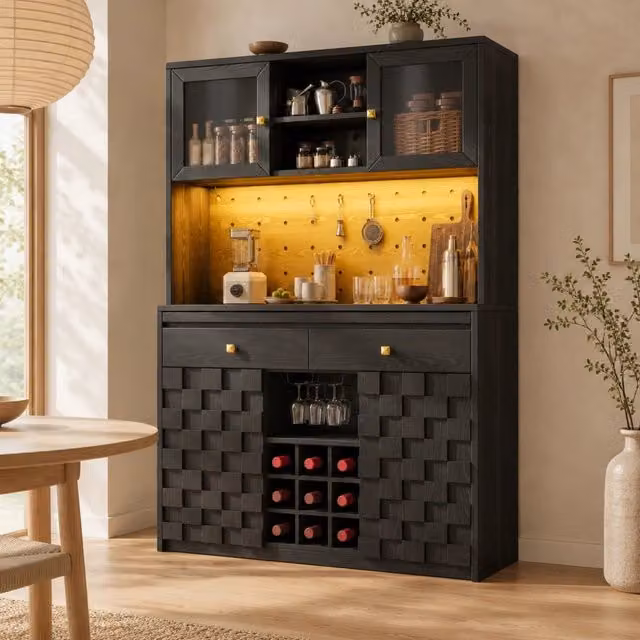 Mobile alto da cucina ULEVR 120x40x178 cm con ripiani regolabili, LED RGB, prese e USB, nero