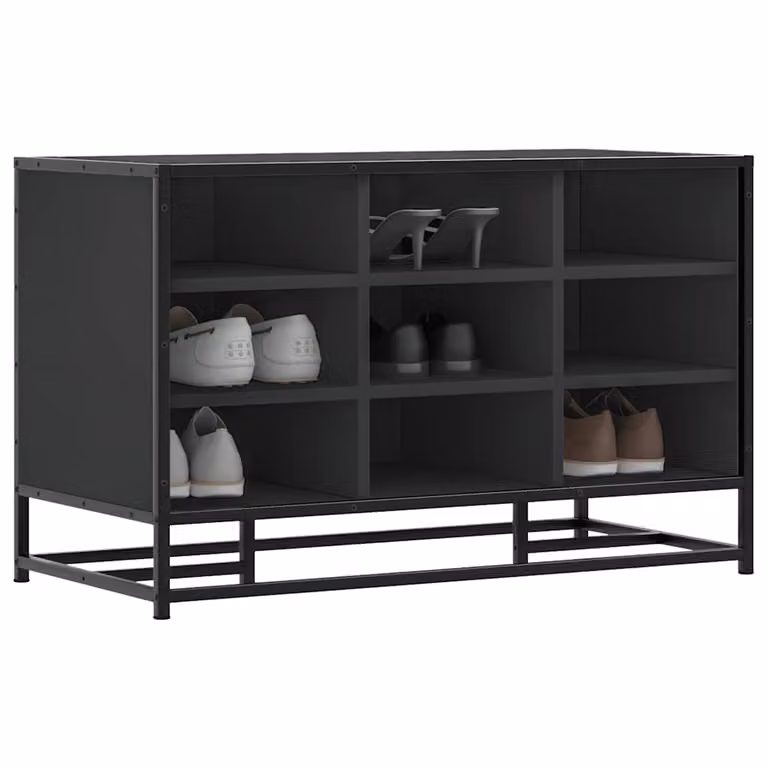 Scarpiera nera vidaXL in stile industriale con ripiani interni e ante, realizzata in legno e metallo, L 84 cm x P 40 cm x H 53,5 cm