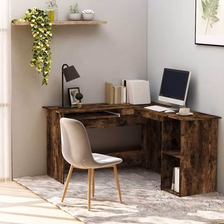 Scrivania Angolare moderna vidaXL in legno Rovere Fumo, L/P/H: 120 x 140 x 75 cm