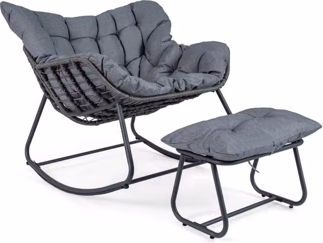 Sedia a dondolo in rattan da interno ed esterno portata 150 kg, Poltrona a dondolo con poggiapiedi e cuscini rimovibili Grigio