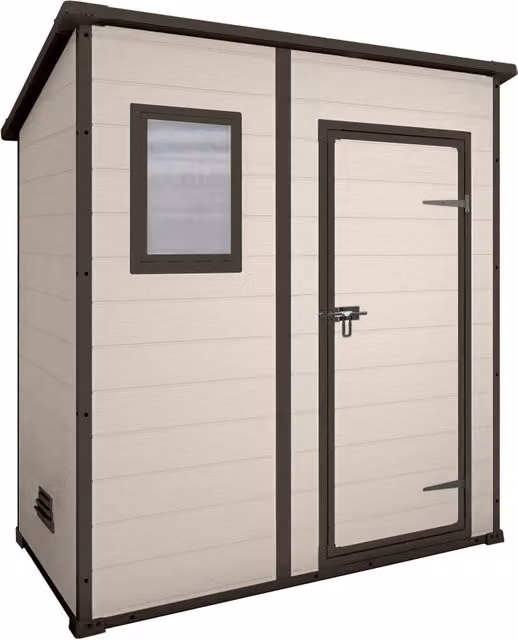 Manor Pent 6x4 - Casetta da Giardino 183,50x200,50x111 cm 1 Anta per deposito attrezzi finitura effetto legno graffiato in Resina Beige