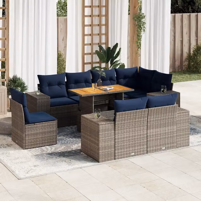 Set Divano da Giardino 9 pz con Cuscini Grigio in Polyrattan 3327393