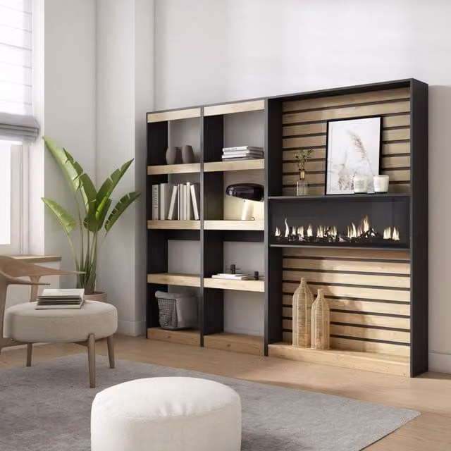 Libreria scaffale con camino elettrico SKRAUT HOME per soggiorno o ufficio, colore Rovere e nero, L: 230 cm, P: 25 cm, H: 186 cm