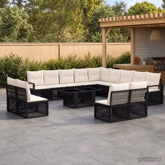 Set Divano da Giardino Moderno vidaXL a Forma a L con Tavolino, 14 Pezzi, Nero e Bianco Crema con Cuscini e Struttura in Metallo e Polyrattan