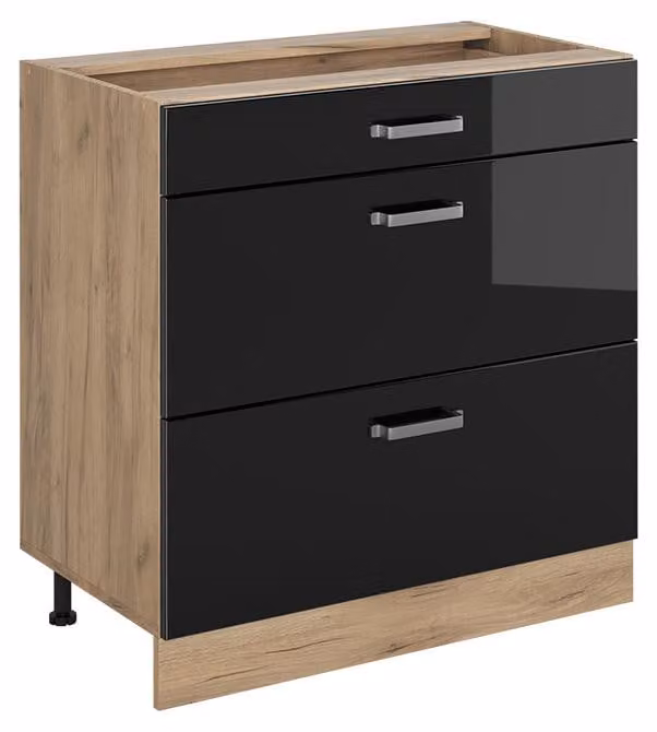 Mobiletto base per cucina Vicco R-Line Nero lucido/Rovere dorato 80 cm con 3 cassetti senza piano di lavoro, Model 72459