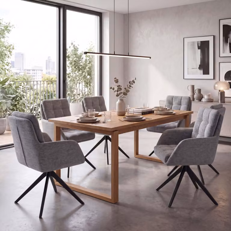 Set di 6 sedie da pranzo modello HWC-Q36, sedia girevole per cucina con sistema di ritorno automatico, rivestita in tessuto chenille (680g/m²), struttura in metallo, colore grigio