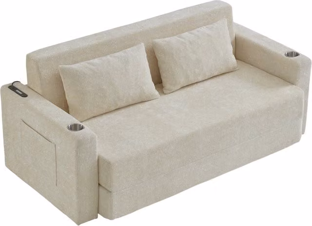 Divano letto 2 posti pieghevole 2 in 1 con USB; portabicchieri e tasche laterali; beige