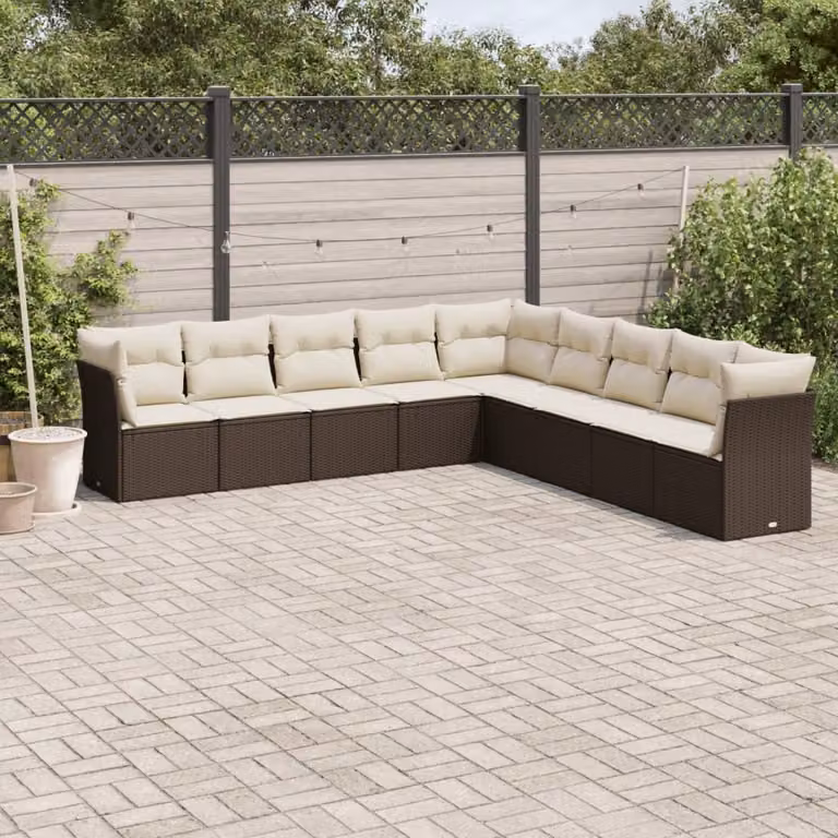 Set di divani da giardino a L vidaXL in polyrattan marrone con cuscini bianchi e coperture rimovibili