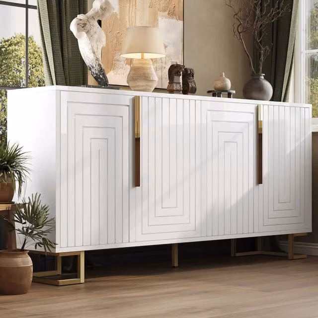 Credenza bianca - Zephmum - 152x40x75 cm - Design geometrico, maniglie e piedi dorati