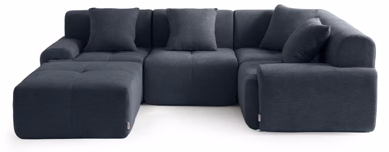DIVANO ANGOLARE MODULARE MILYSOFA SOFAMOUS, 4 posti, con chaise longue, rivestito in tessuto di chenille, colore blu-grigio