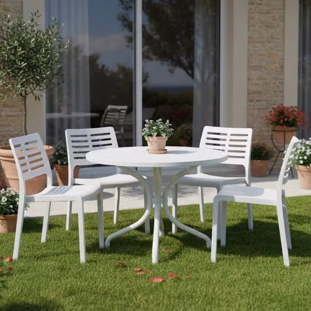 Set di 4 sedie da esterno impilabili Canoe DMORA bianche per giardino, terrazzo o balcone