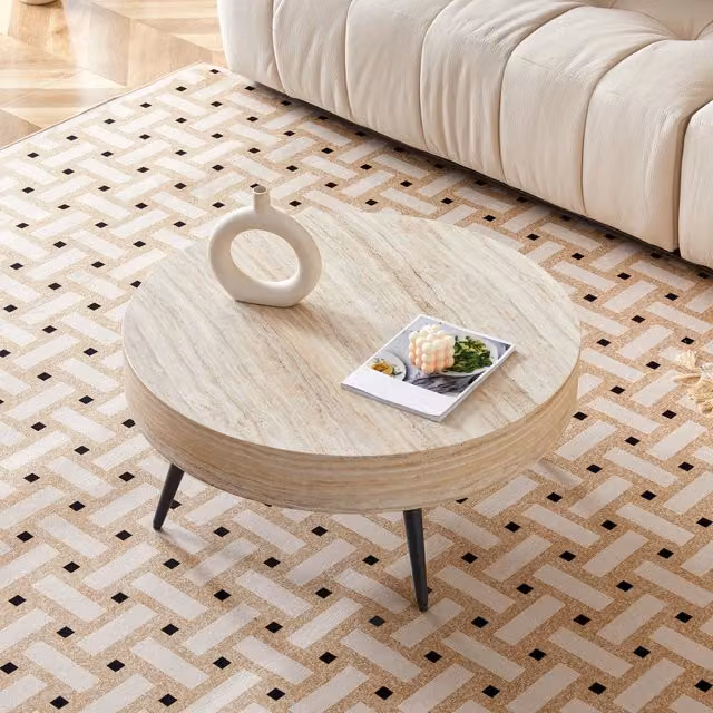 Tavolino basso fisso rotondo con piano in MDF effetto travertino chiaro e gambe nere diametro 70 cm altezza 35.5 cm