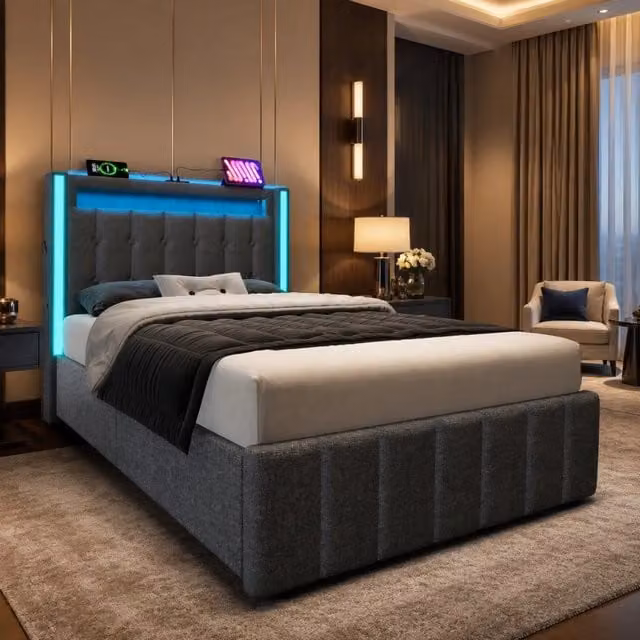 Letto singolo 90x200 cm con LED; 3 USB + 1 Type-C e 2 cassetti; lino grigio