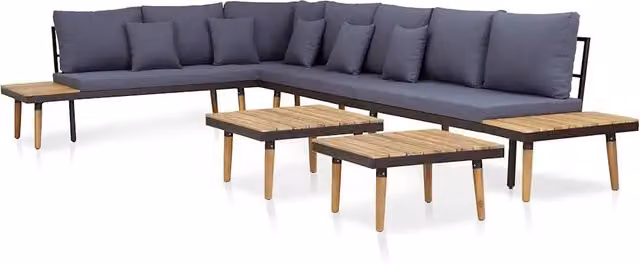 Set Divani da Giardino L-Shape vidaXL con Cuscini e Tavolino, Colore Marrone e Grigio, Struttura in Legno di Acacia e Metallo Verniciato a Polvere