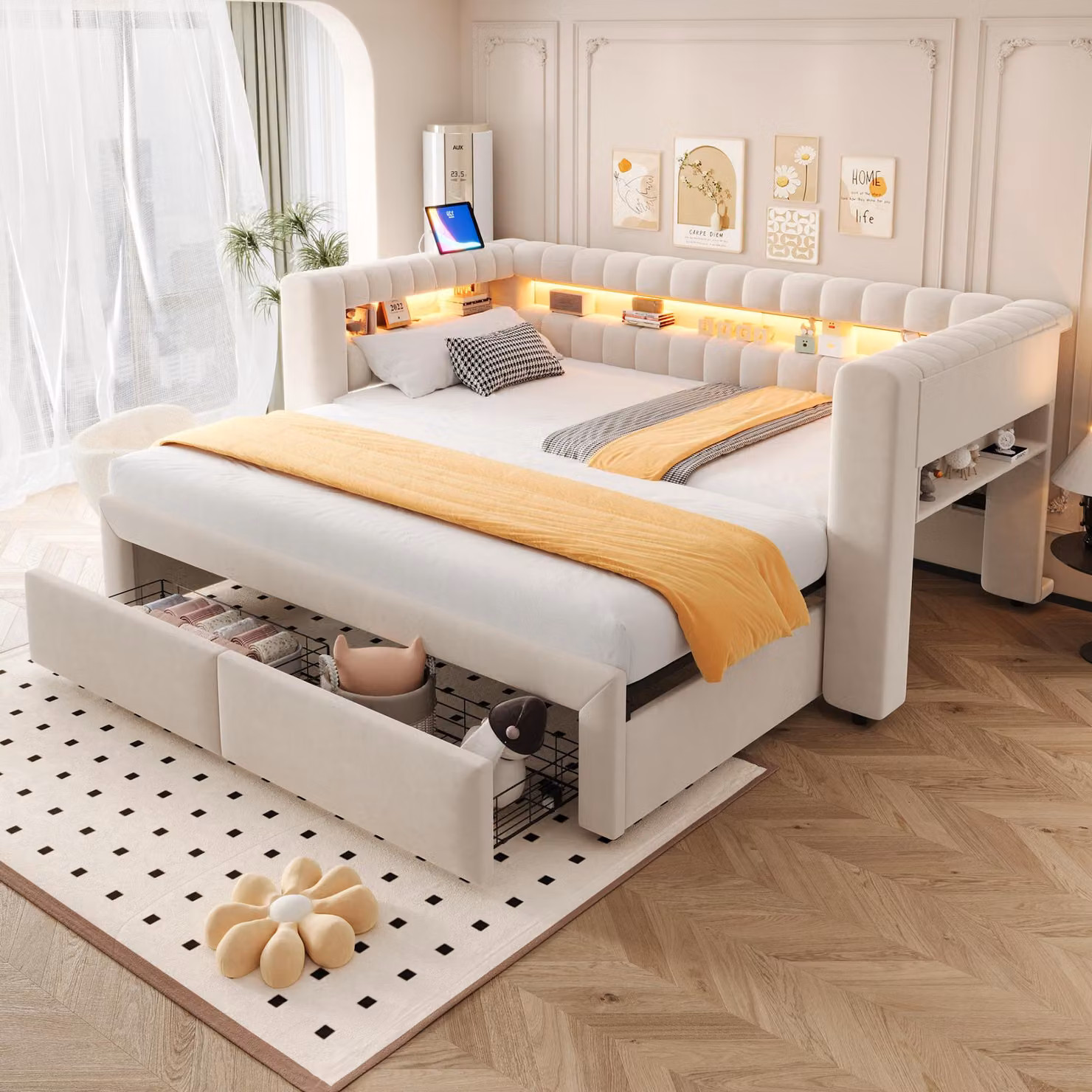 Divano letto Flieks 90x190 cm con letto estraibile 90x190 cm, divano letto trasformabile in chaise longue con porta USB, letto per ragazzi con contenitore e cassetti, tessuto velluto, colore beige