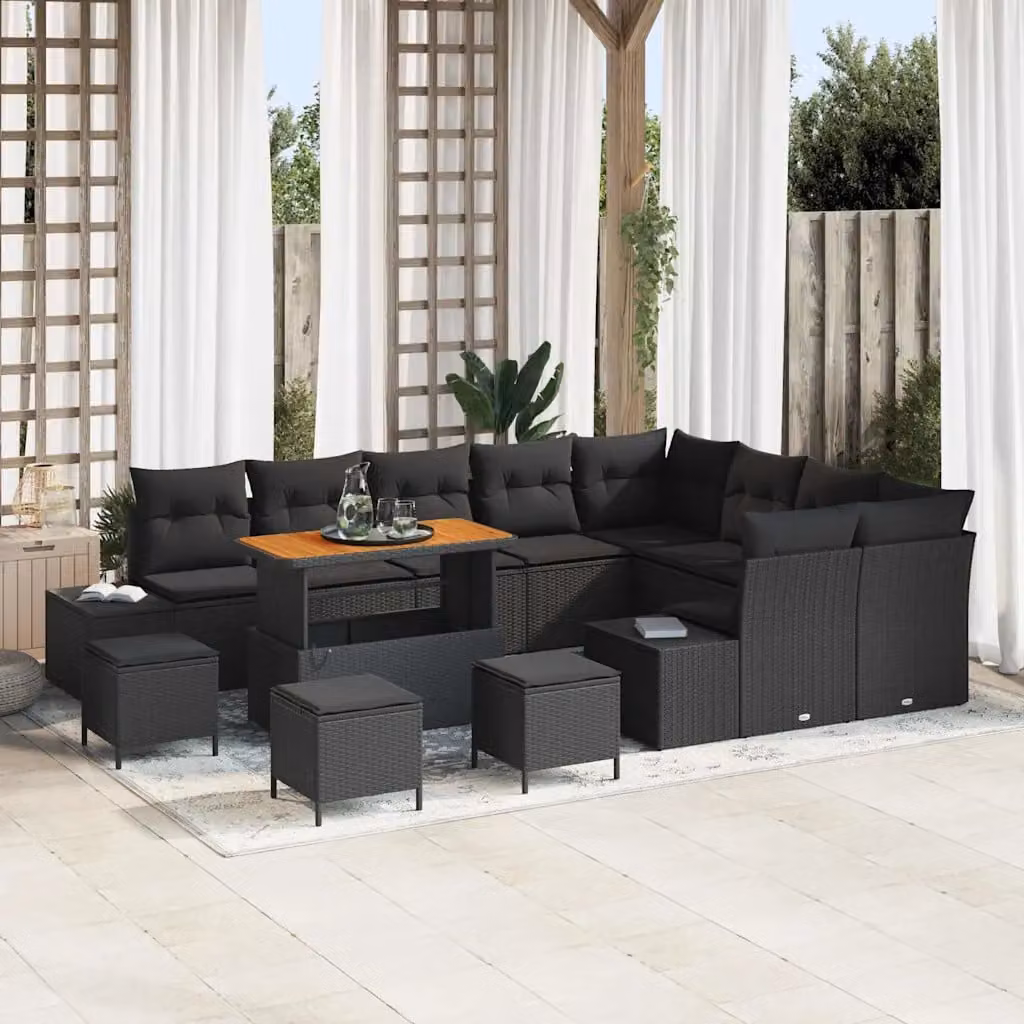 Set Divano da Giardino vidaXL a forma a U con 13 pezzi, Nero, con Cuscini e Tavolino da Esterno – 1