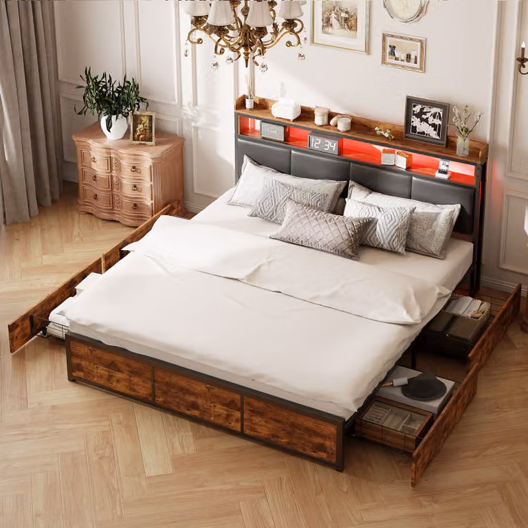 Letto imbottito matrimoniale 180x200, letto contenitore LED letto per ragazzi con 4 cassetti, letto funzionale letto con spalliera letto con rete a doghe in legno, PU