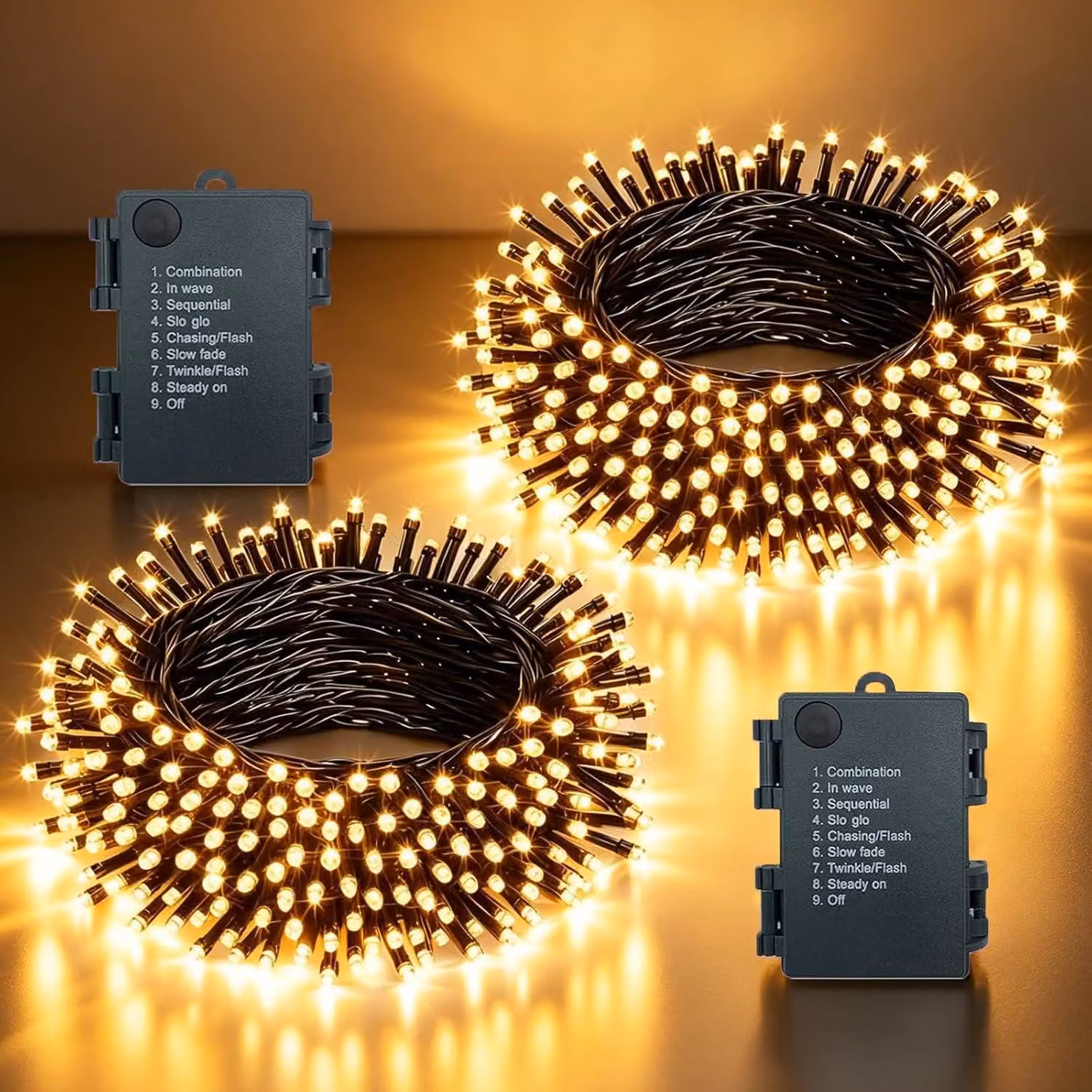 Catene luminose da 5 metri - 2 pezzi, con 50 LED ciascuna - Alimentazione a batteria - Grado di protezione IP44 (resistente all'acqua) - 8 modalità di illuminazione - Luce bianco caldo - Ideale per Natale