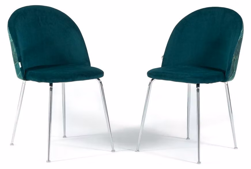 Set di 2 sedie da pranzo imbottite in velluto decorato, gambe in metallo, design elegante per cucina, sala da pranzo, bar e ristoranti SARA - Petrolio/Argento