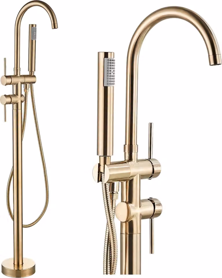 Miscelatore da bagno freestanding ARI, rubinetto vasca con doccetta, beccuccio girevole 360 gradi, ottone spazzolato oro