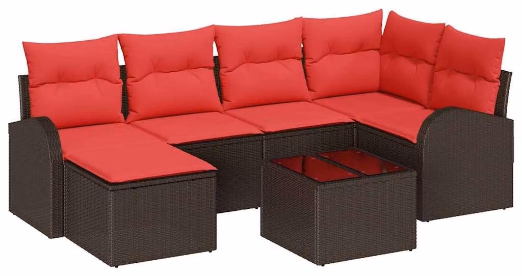 Set di divani con cuscino 7 pcs Marrone e Rosso polyrattan