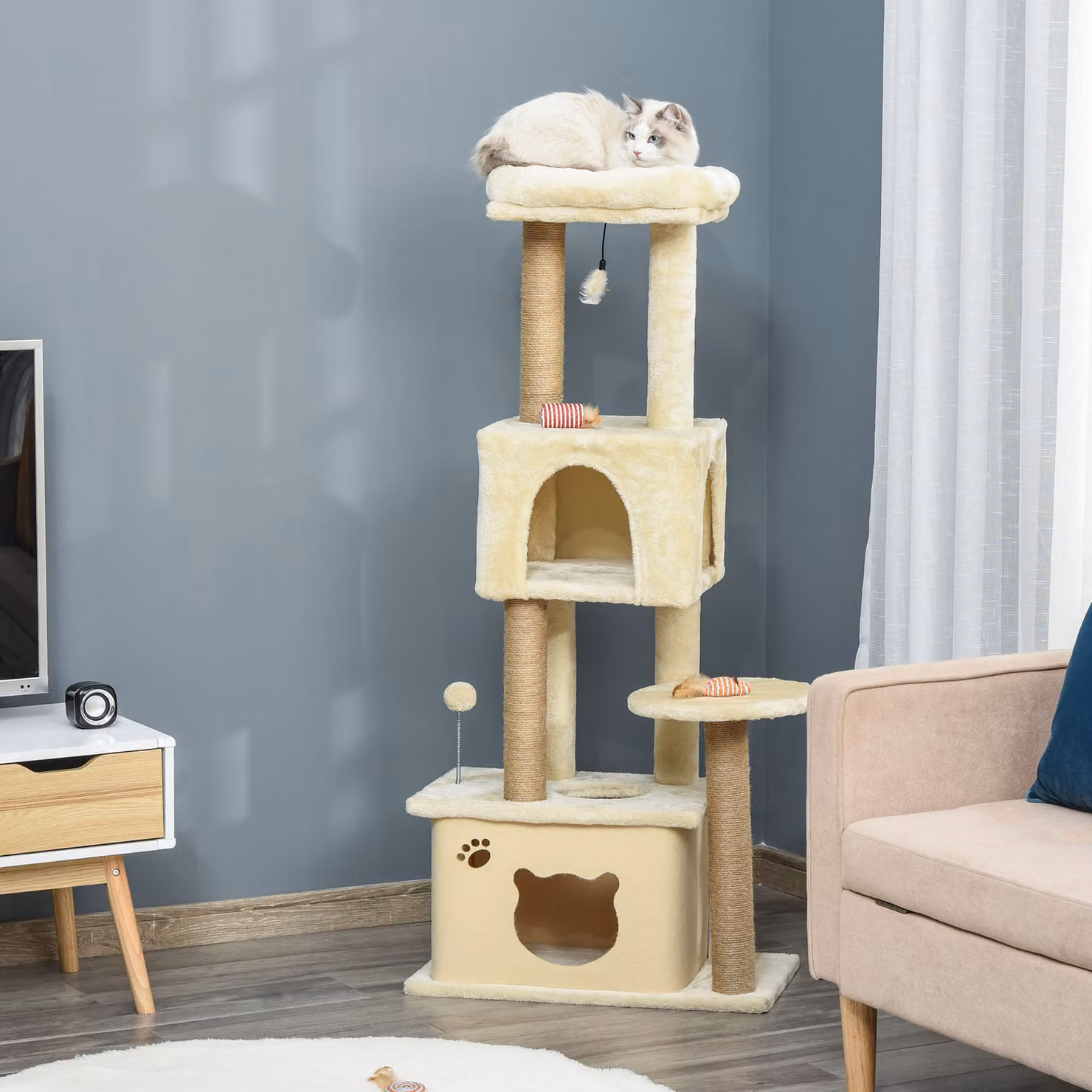 Albero Tiragraffi per Gatti PawHut con Cuccia Rimovibile, Casetta e Lettino, Pali in Iuta, Altezza: 136 cm, Beige – 2