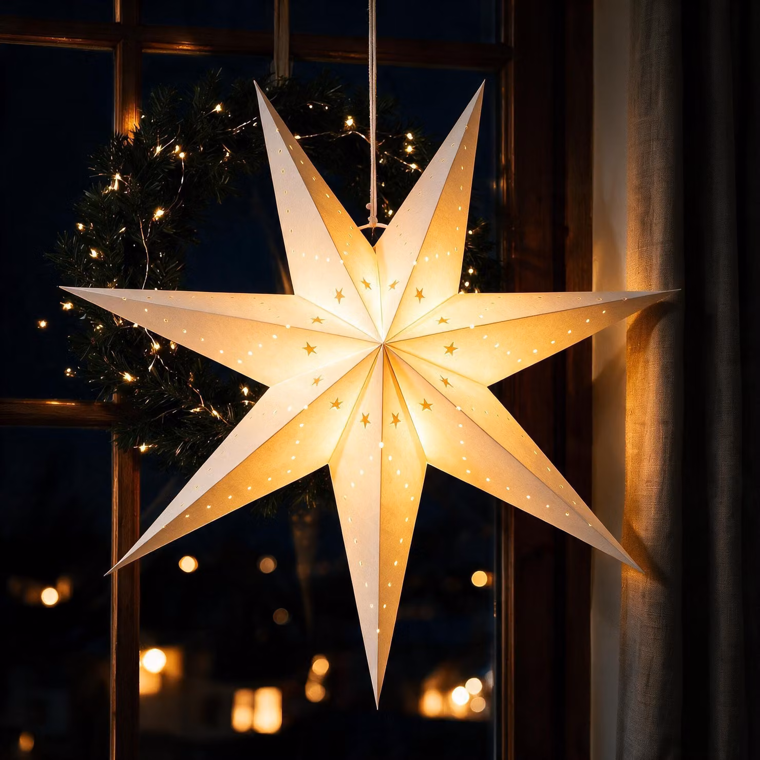 Stella di Natale LED in carta - 60 cm - Legno - Alimentata a batteria