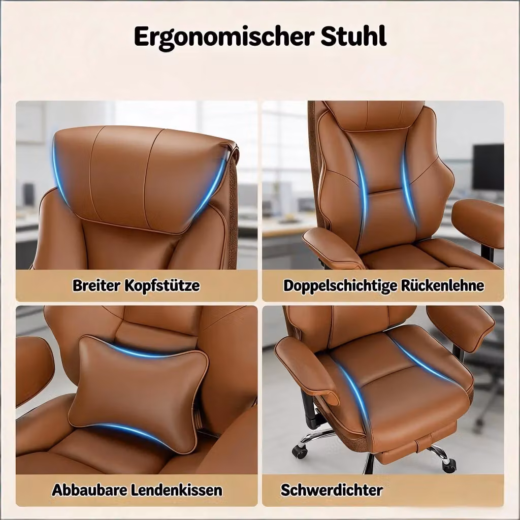 Sedia da ufficio ergonomica girevole REDOM in ecopelle marrone con poggiatesta e braccioli, L: 71 cm, P: 77 cm, H: 118-125,5 cm – 2