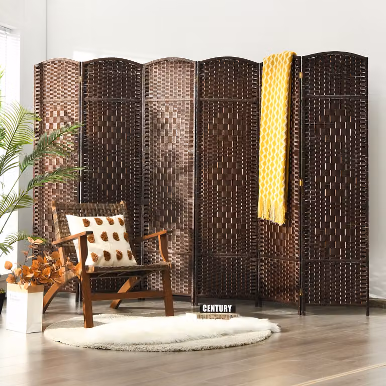 Divisorio per ambienti Costway a 6 pannelli in rattan e legno naturale Marrone, Altezza: 180 cm