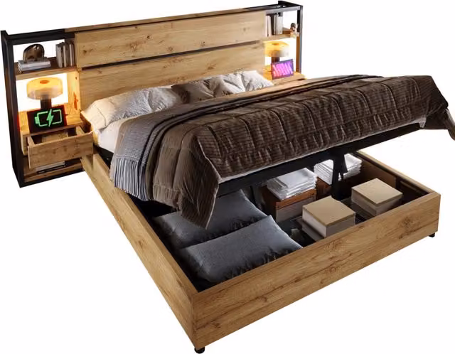 Letto matrimoniale 160x200 cm con contenitore; USB e testiera con cassetti; MDF e metallo; effetto rovere