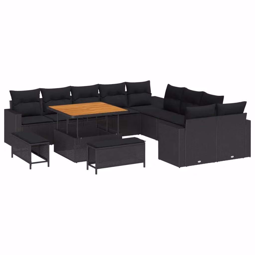 Set Divano da Giardino vidaXL a Forma di U in Polyrattan Nero con Cuscini e Tavolino da Esterno – 2