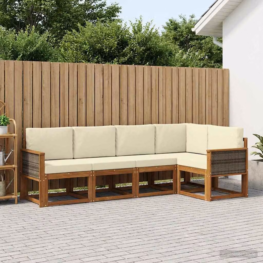 Set di divani da esterno a L vidaXL in legno di acacia con cuscini, beige e marrone