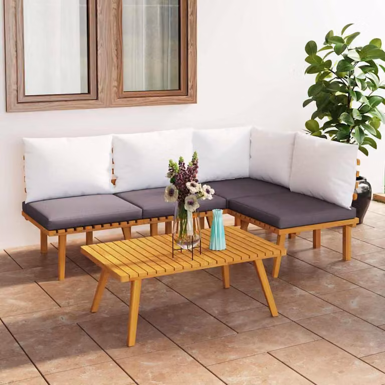 Set da giardino vidaXL in legno di acacia con cuscini e tavolino, composizione a L con divano a 3 posti e angolare, colore marrone