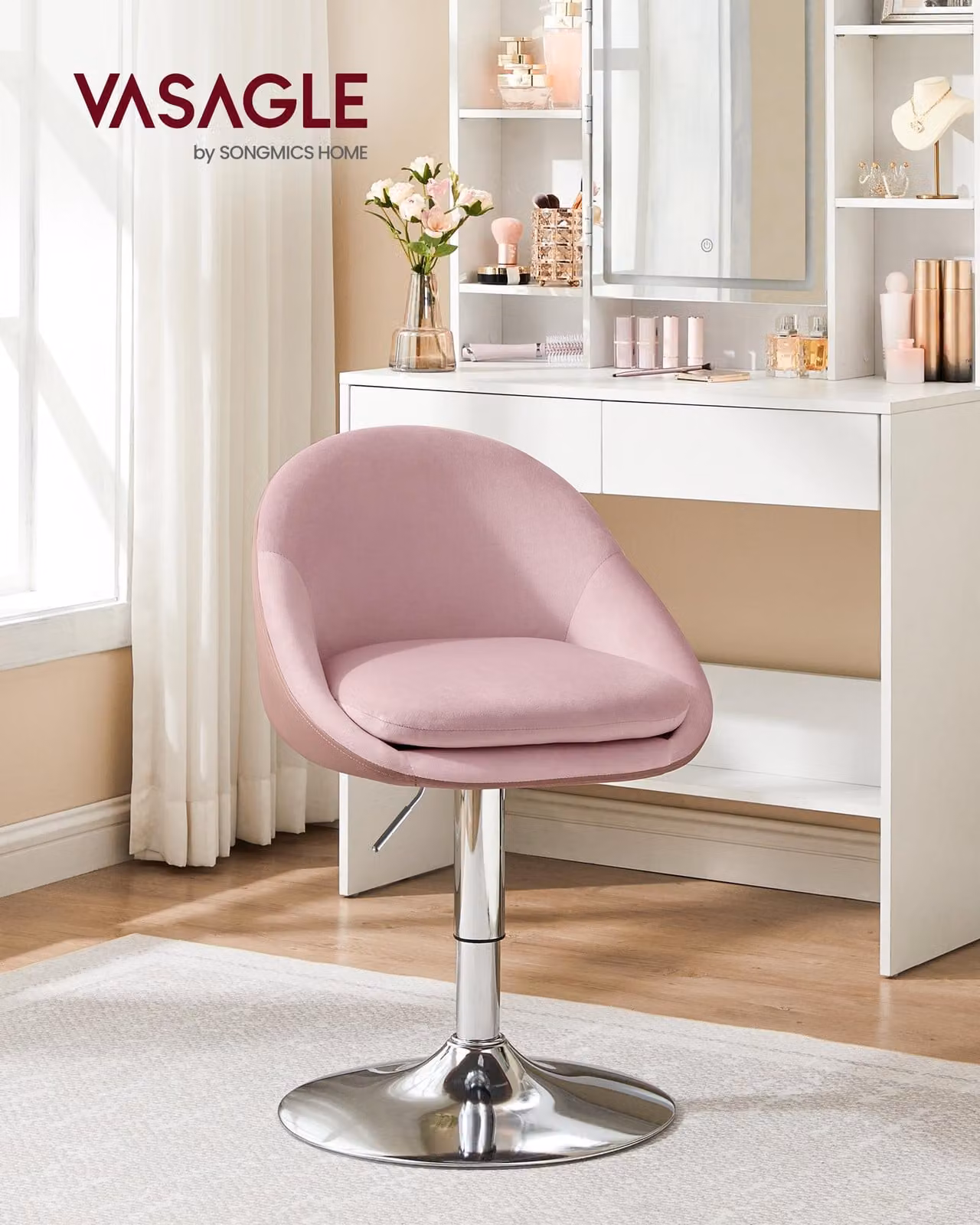 Sedia regolabile VASAGLE, sedia da trucco, sedia da ufficio, girevole, sgabello da bar con schienale e base, acciaio