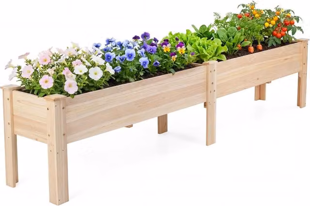 Fioriera rialzata rettangolare in legno marrone con gambe a L per orto ornamentale da esterno DESIGN IN L/P/H: 240 x 51,5 x 39 cm