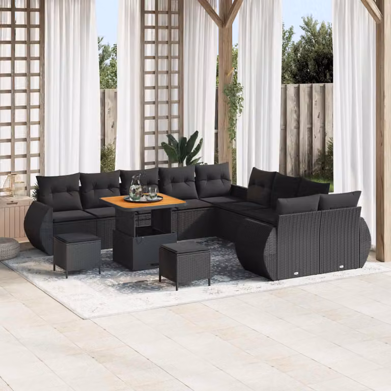 Set Divano da Giardino vidaXL a forma a U con 13 posti, Nero, con Cuscini e Tavolino da Caffè