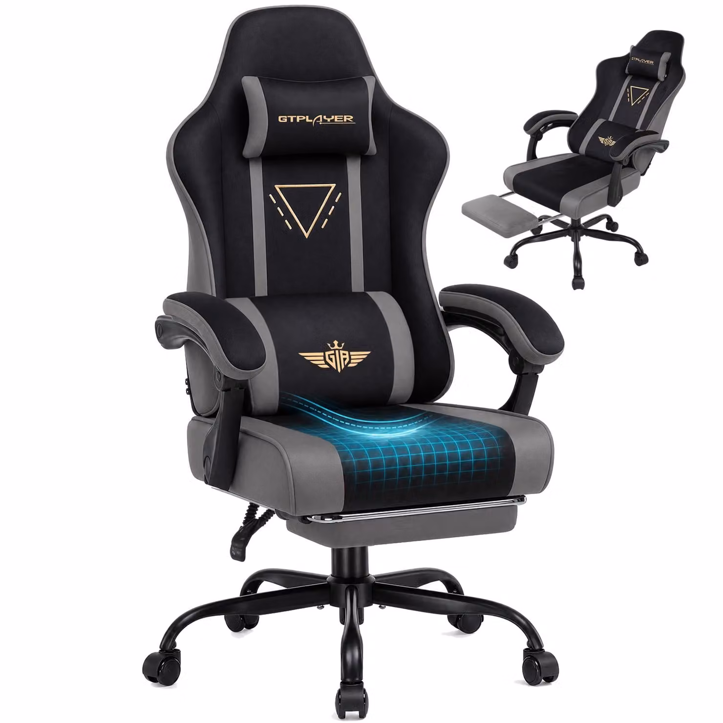 Sedia da gaming GTPLAYER, ergonomica, con rivestimento in tessuto, cuscino imbottito, braccioli regolabili e poggiapiedi, capacità di carico fino a 150 kg, colore grigio