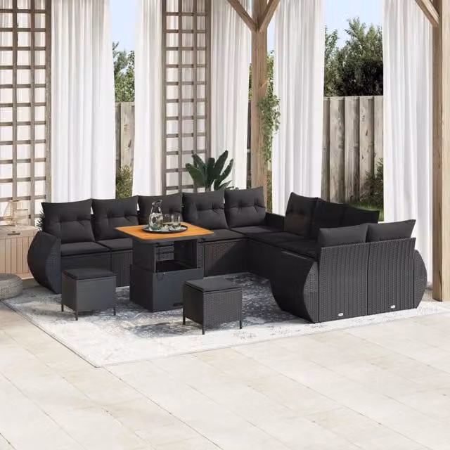 Set Divano da Giardino vidaXL a Forma a U con 13 Posti, Colore Nero, con Tavolino, Pouf e Cuscini Inclusi – 1