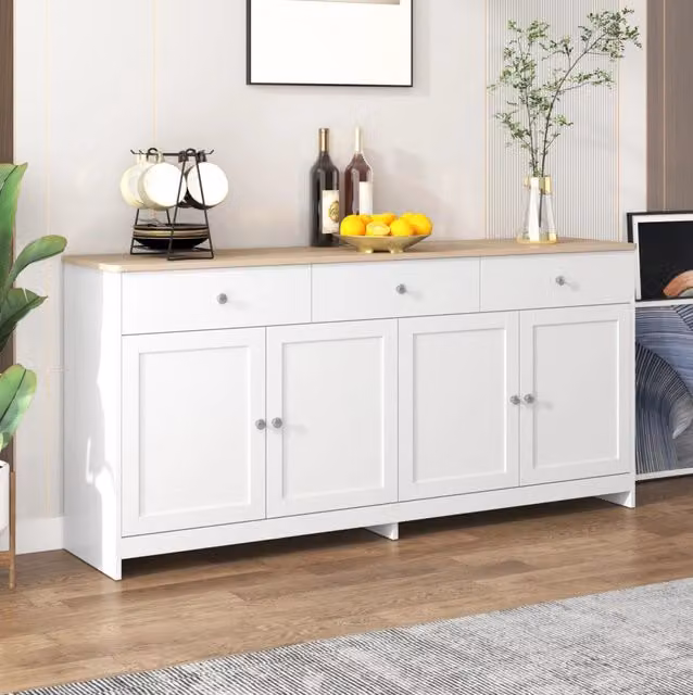 Credenza rustica in MDF bianco e legno, 160x75x37 cm, 4 ante e 3 cassetti, soggiorno e sala da pranzo