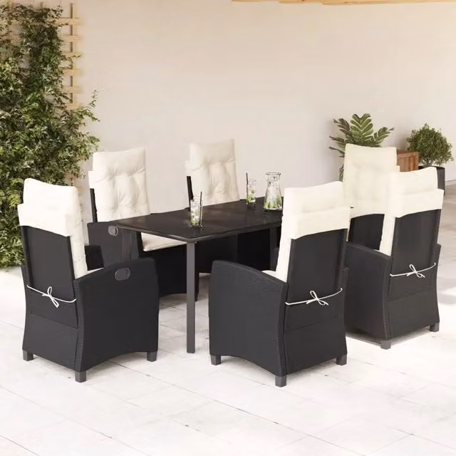Set da Pranzo da Giardino 7 pz Nero con Cuscini in Polyrattan 3212738