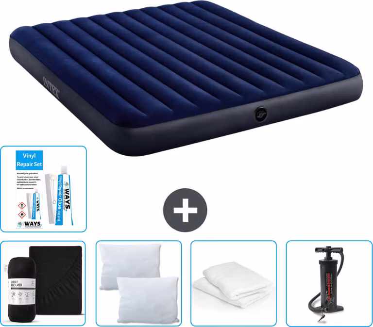 Letto gonfiabile Intex - 2 persone - 183 x 203 x 25 cm - blu - lenzuolo incluso - bacio - pompa - set di riparazione e protezione per cuscini